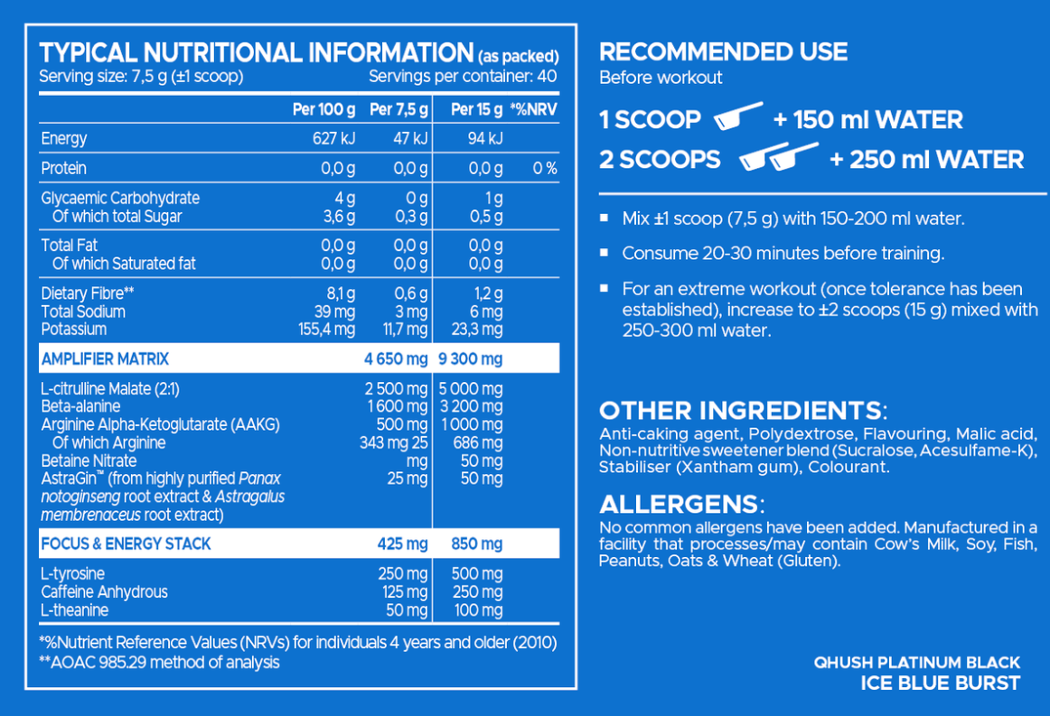 USN Qhush Platinum Black Pre-Workout, Ice Blue Burst